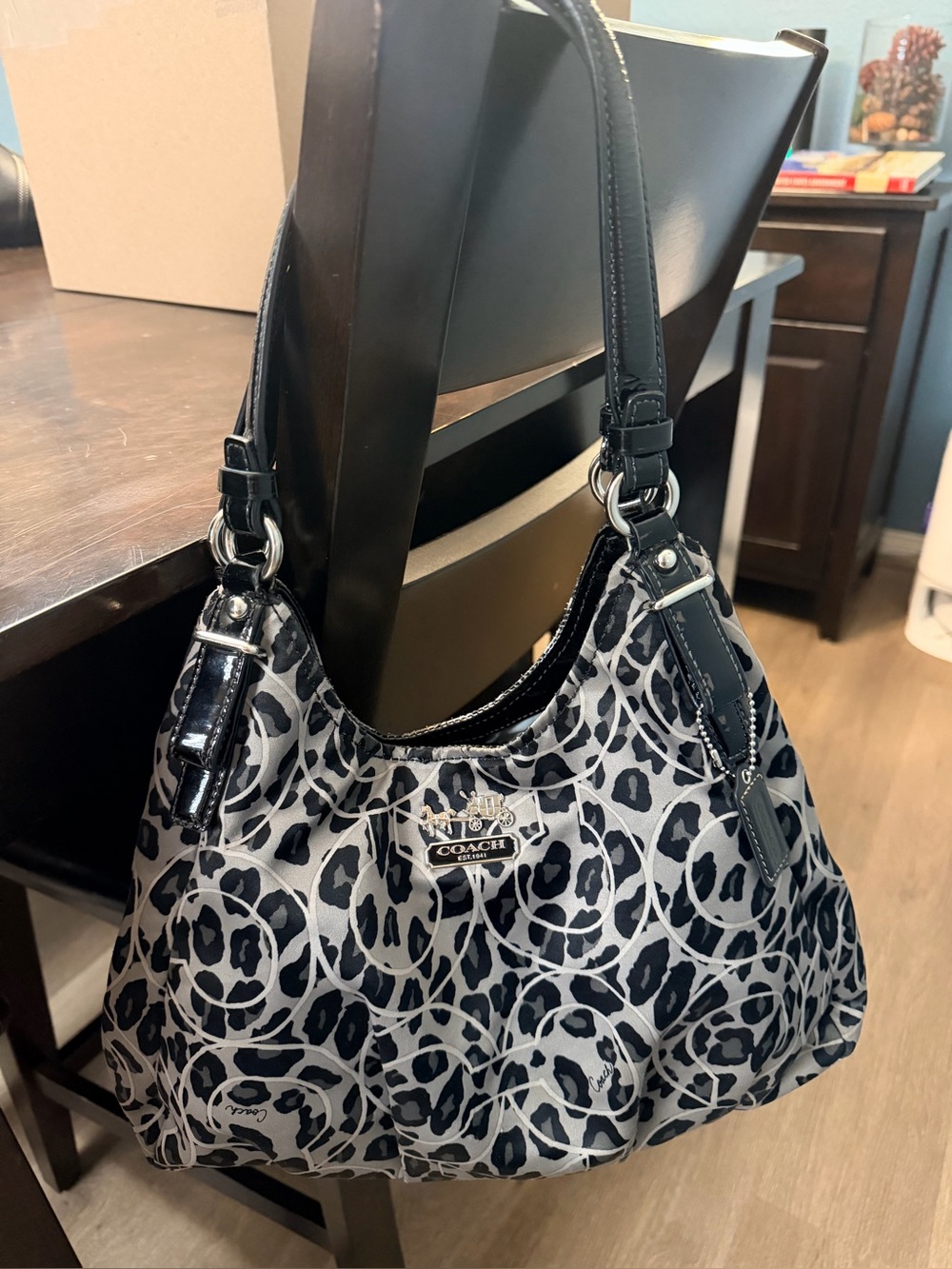 Coach Black and Gray Leopard-Print Shoulder Bag